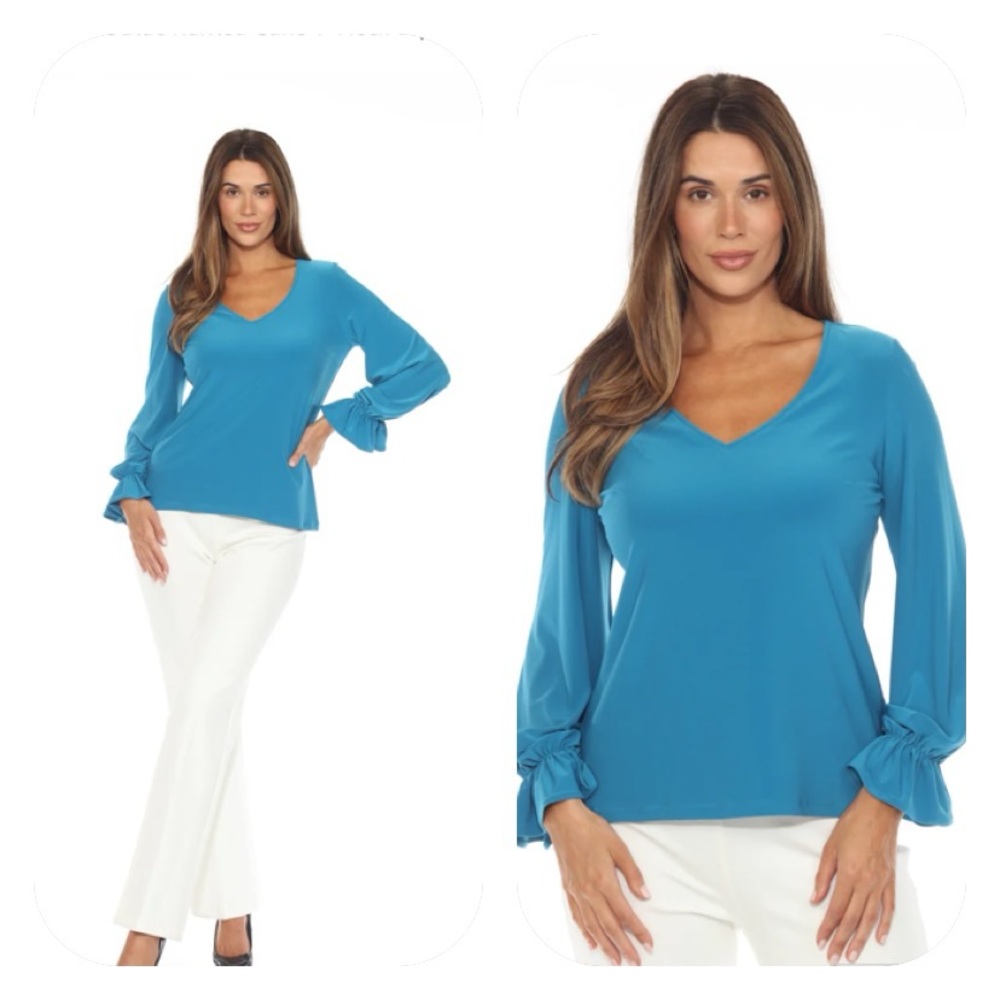 Joseph Ribkoff Pacific Blue Ruffled Cuff Top
